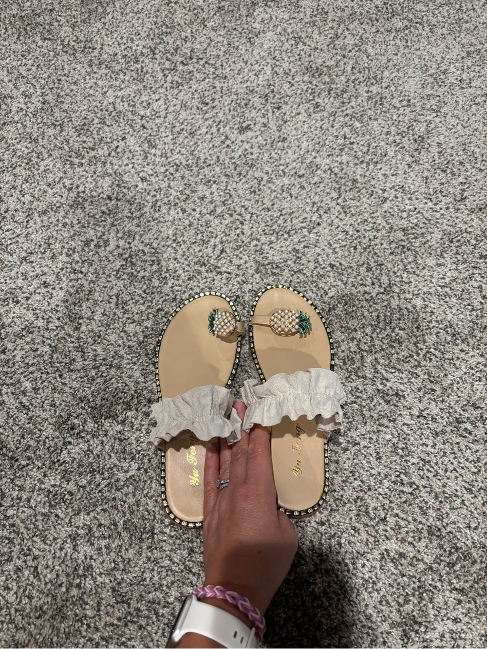 Women’s Beige Ruffle Toe-Post Sandals with Pineapple Accent